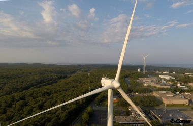 Wind Turbine at Gloucester Engineering
One of three turbines at Blackburn Industrial Park in Gloucester, Massachusetts. A larger turbine at Applied Materials - Varian is in the background.
Keywords: Wind turbine;Gloucester;drone